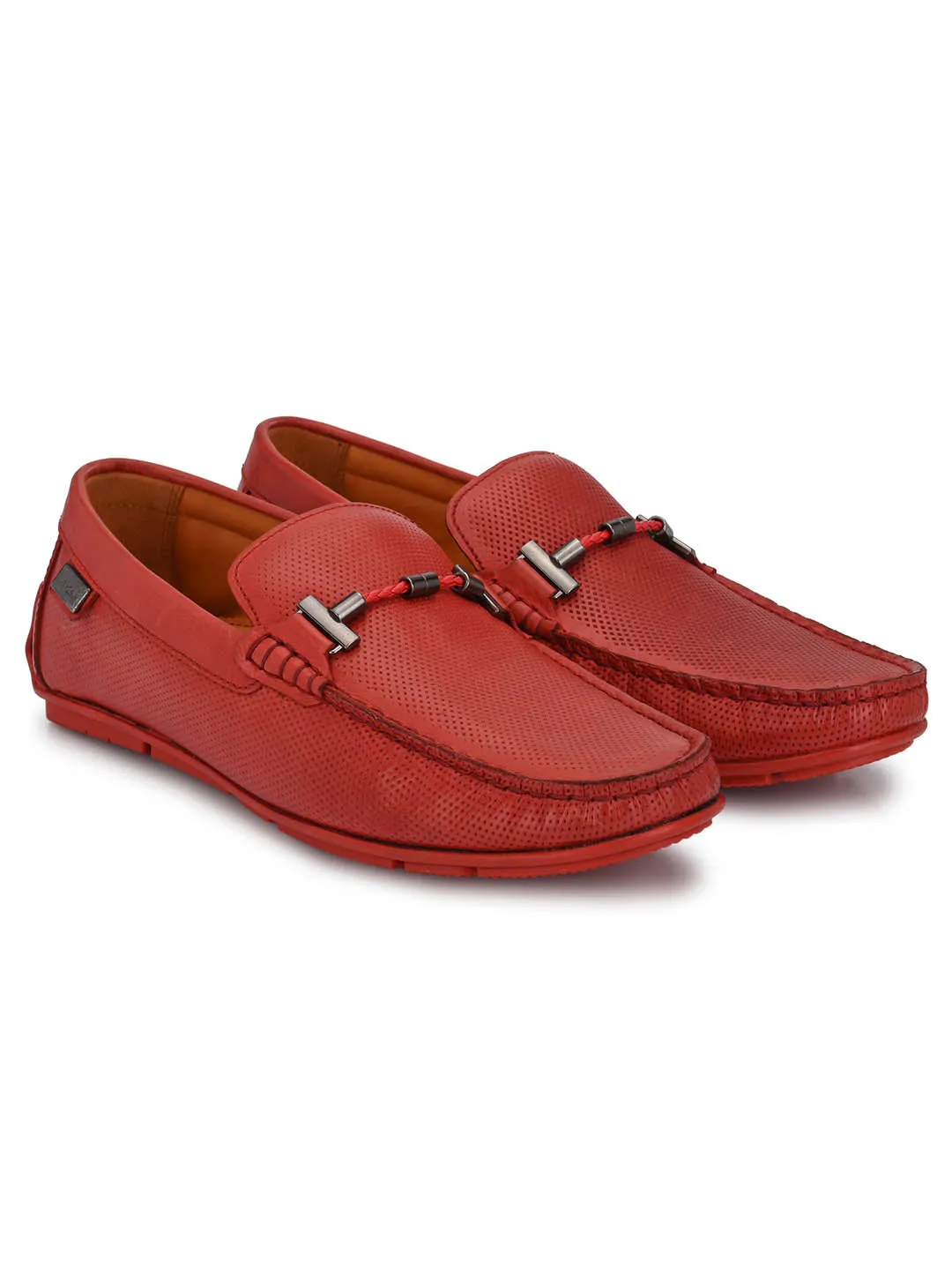 Hitz Men's Red Leather Slip-On Casual Loafer Shoes