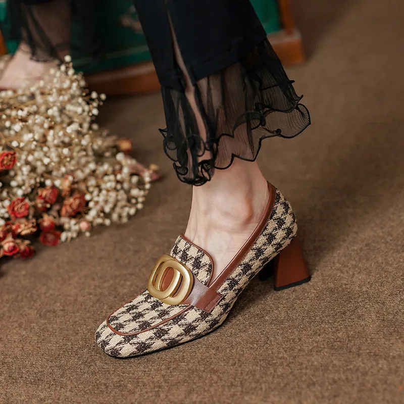 Ivee Chunky Heel Plaid Loafers with Gold Chain