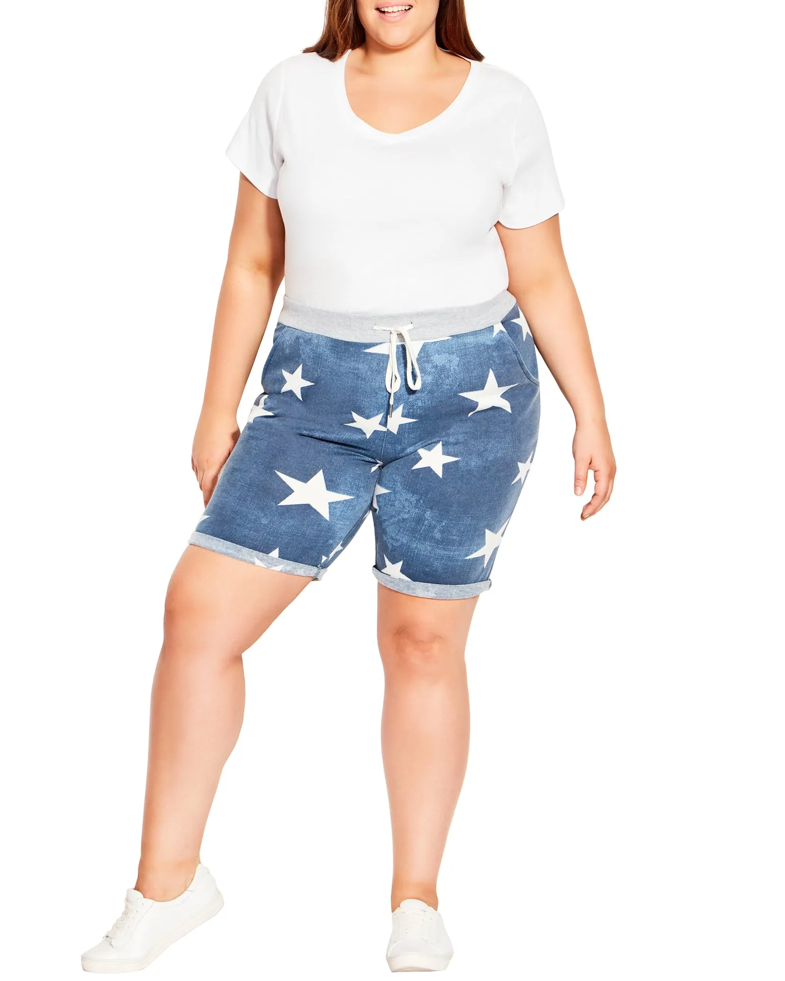 Jenny Star Print Drawstring Knit Short | Medium Wash / White