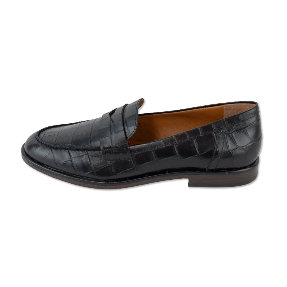 J.McLaughlin Black Concetta Croc-Embossed Leather Penny Loafers