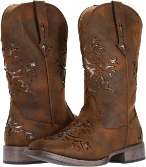 Kennedy Roper Cowboy Boots in Cognac Faux Leather/Metallic Copper Underlay