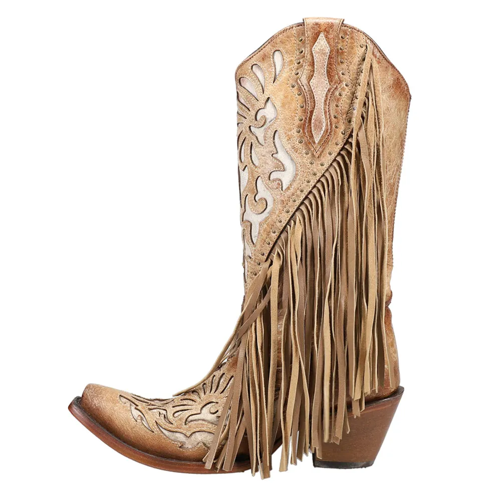 Lamb Studded Embroidered Fringe Snip Toe Cowboy Boots