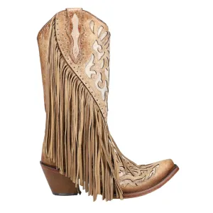 Lamb Studded Embroidered Fringe Snip Toe Cowboy Boots