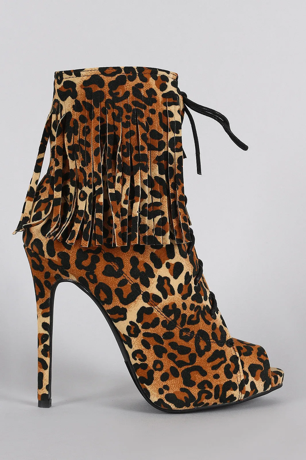 Liliana Leopard Fringe Cuff Corset Laces Peep Toe Booties