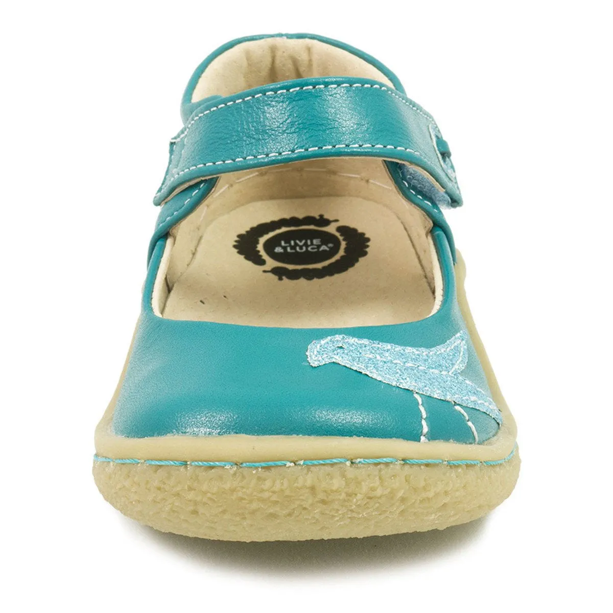 Livie & Luca Girl's Pio Pio Teal Leather Shimmer Dove Hook and Loop Mary Jane Shoes