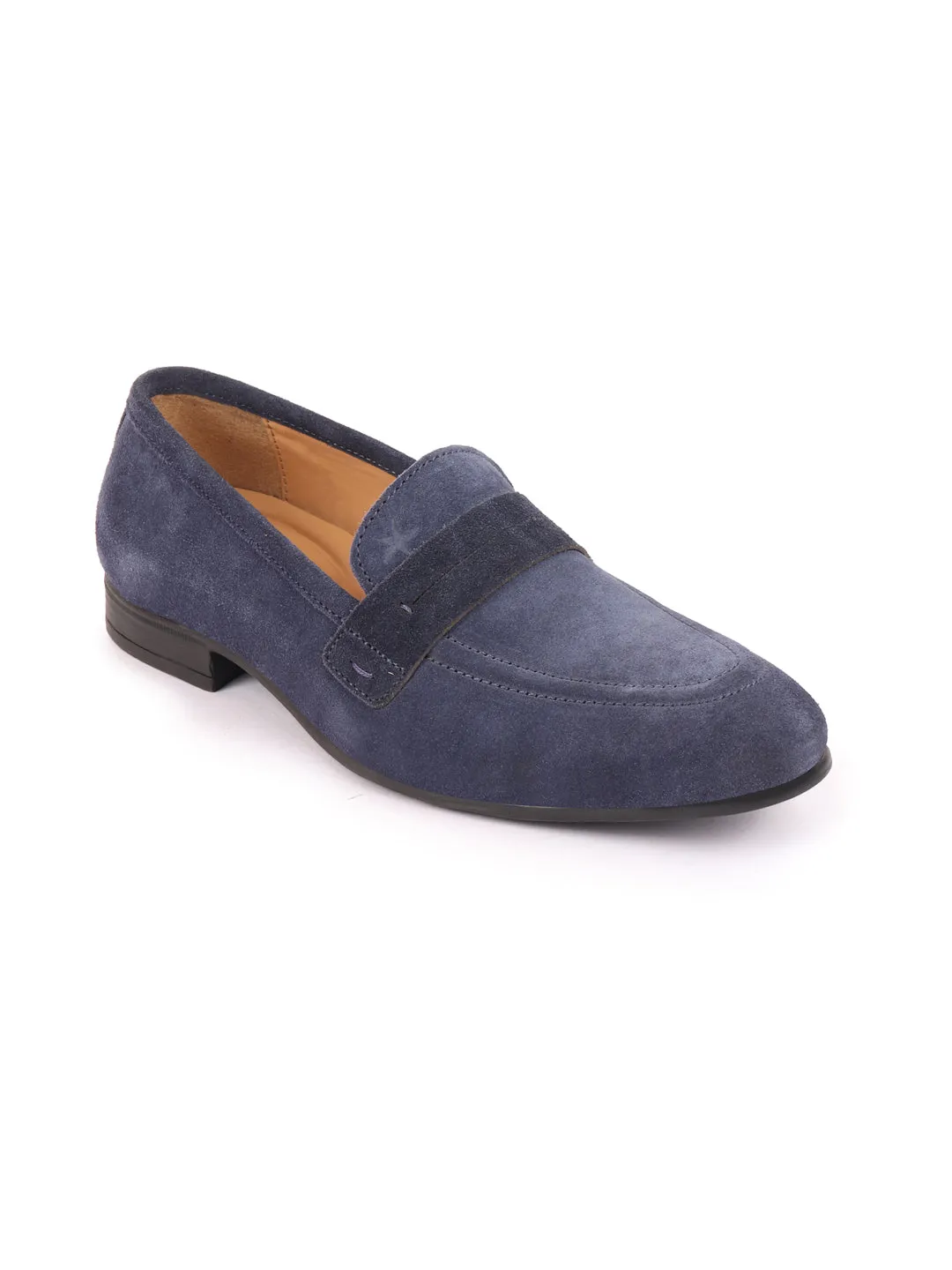 Men Navy Blue Suede Leather Outdoor Penny Loafer Shoes