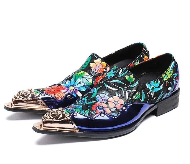 Metal Toe Multicolor Floral Metallic Prints Men Shoes