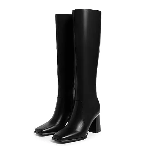 Modatope Botas negras para mujer, botas hasta la rodilla con tacón grueso, botas altas de tacón alto para mujer, botas de otoño con punta cuadrada, botas largas con cremallera lateral, talla 8