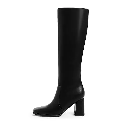 Modatope Botas negras para mujer, botas hasta la rodilla con tacón grueso, botas altas de tacón alto para mujer, botas de otoño con punta cuadrada, botas largas con cremallera lateral, talla 8