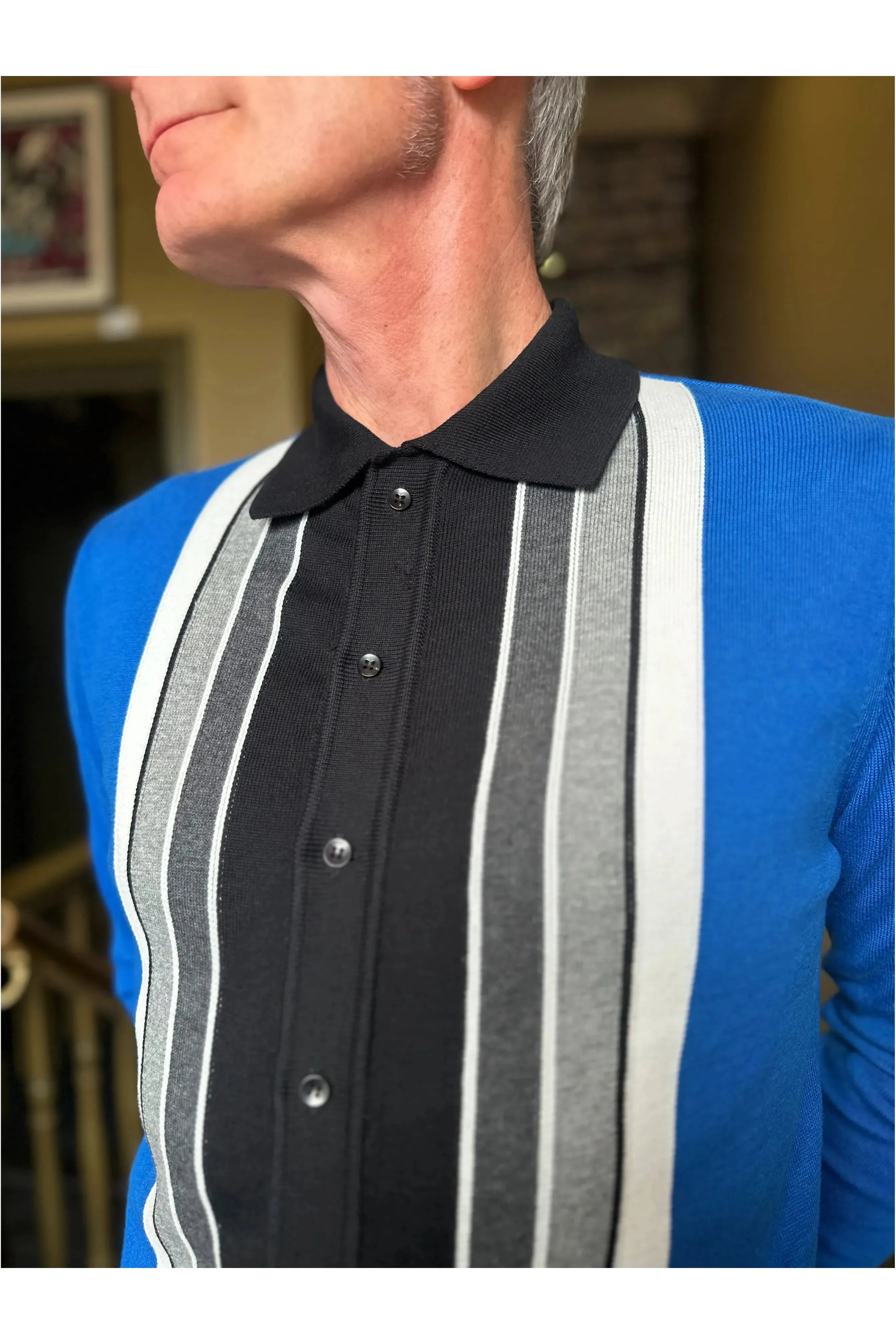 Mr Bridger - Curtis Graduated Stripe ‘The Royal Blue’ Long Sleeve Button Through MB1116 - Polo Knit