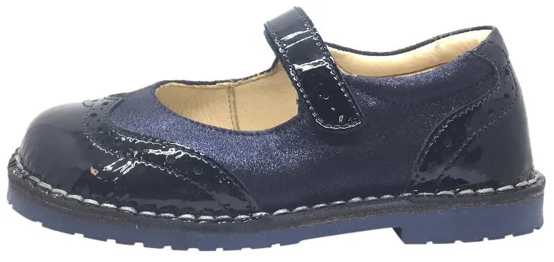 Naturino Girl's Navy Blue Single Strap Metallic Suede and Patent Leather Mary Jane Flat