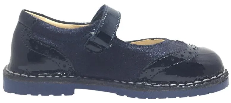 Naturino Girl's Navy Blue Single Strap Metallic Suede and Patent Leather Mary Jane Flat