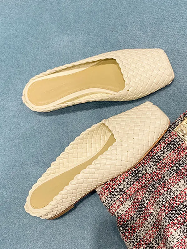 Open Toe Split-Joint Square-Toe Woven Slippers&Mules