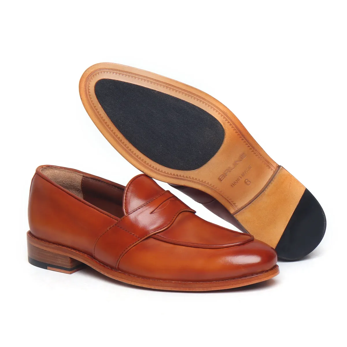 Orangish Tan Leather Penny Loafers With Leather Sole