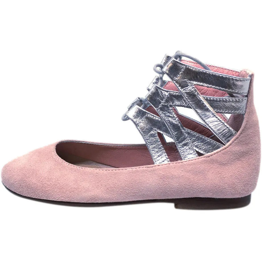 Papanatas by Eli 6717 Light Pink Soft Suede Metallic Ankle Strap Ballet Flat Mary Jane