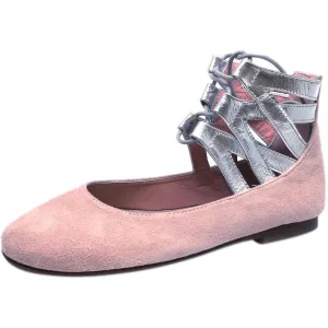 Papanatas by Eli 6717 Light Pink Soft Suede Metallic Ankle Strap Ballet Flat Mary Jane