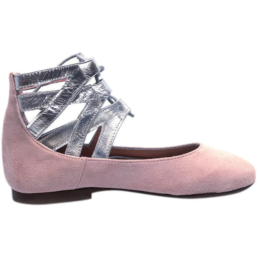 Papanatas by Eli 6717 Light Pink Soft Suede Metallic Ankle Strap Ballet Flat Mary Jane