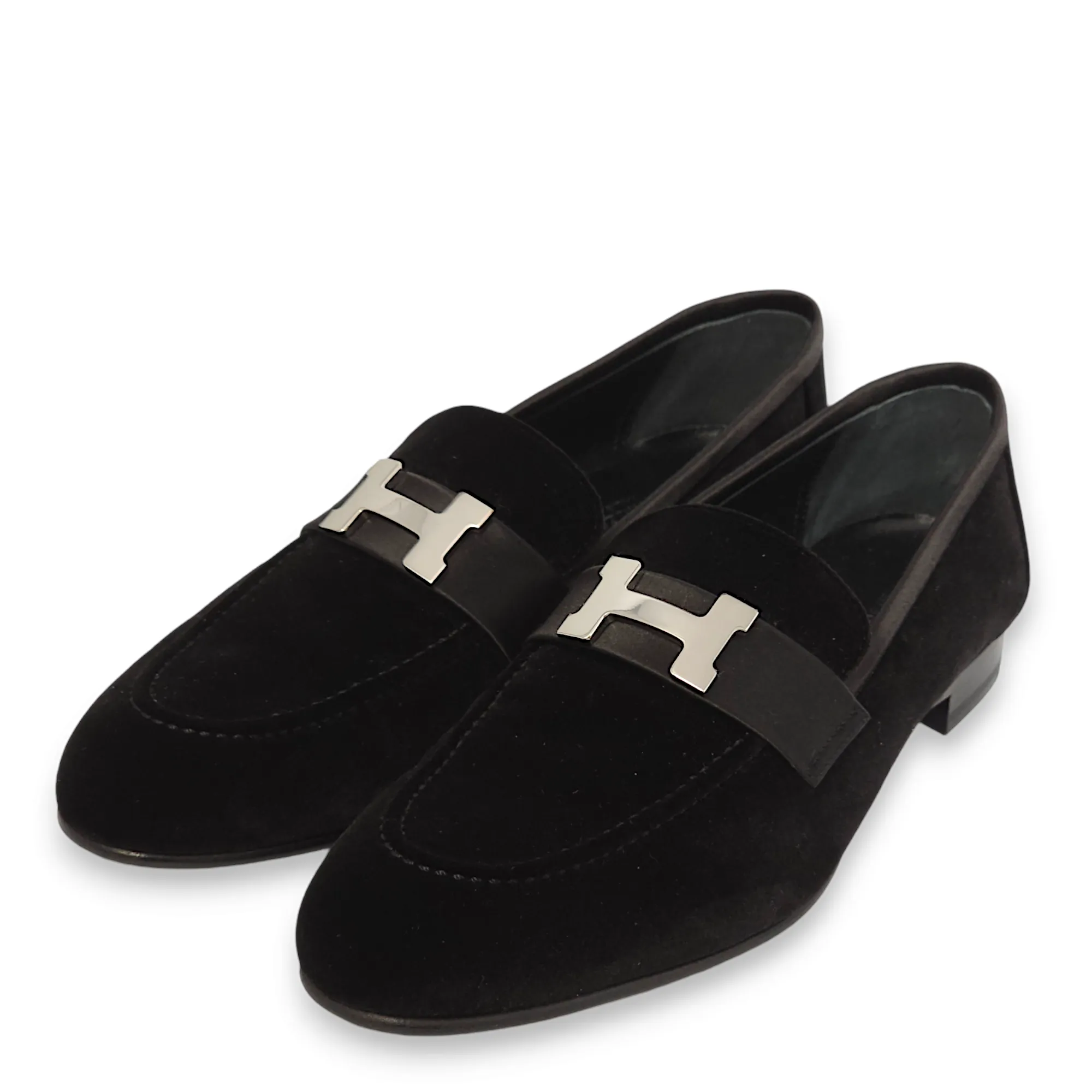 Paris 38.5 Black Loafers in Suede Leather, Palladium hardware