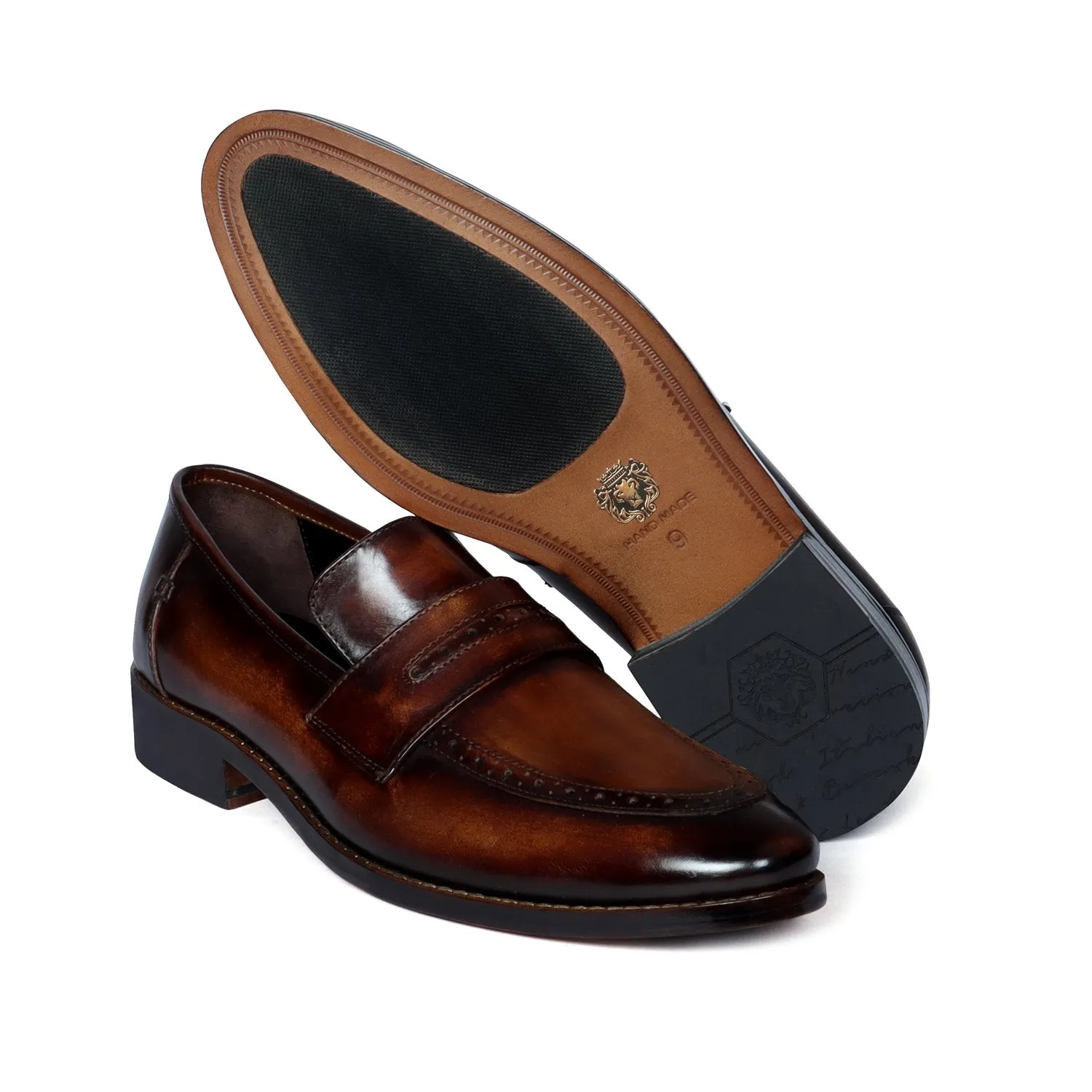 Patina Finish Leather Loafer with Brush Stroke Punching Apron Toe