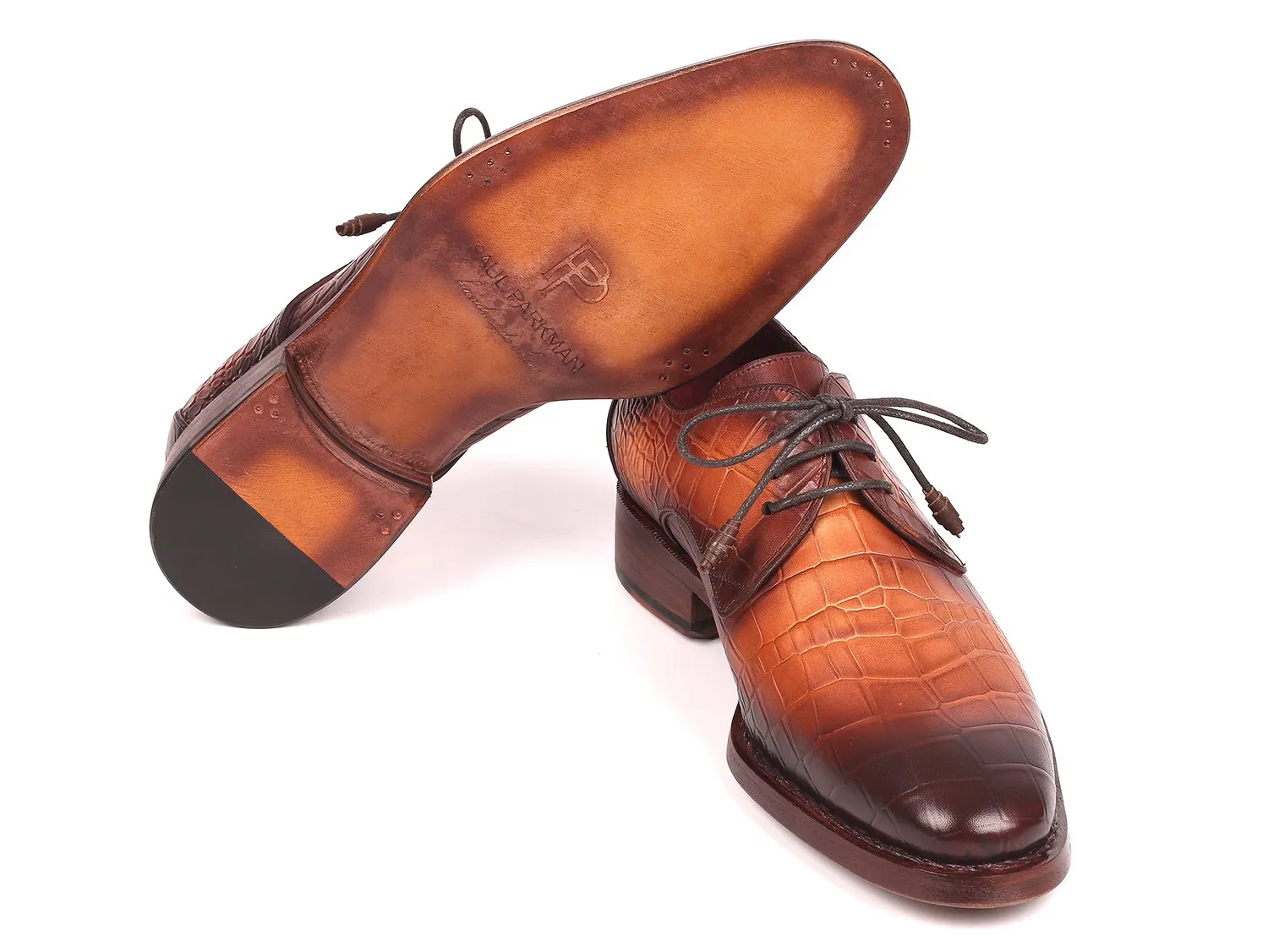 Paul Parkman Croco-Embossed Calfskin Goodyear Welted Derby Shoes in Brown