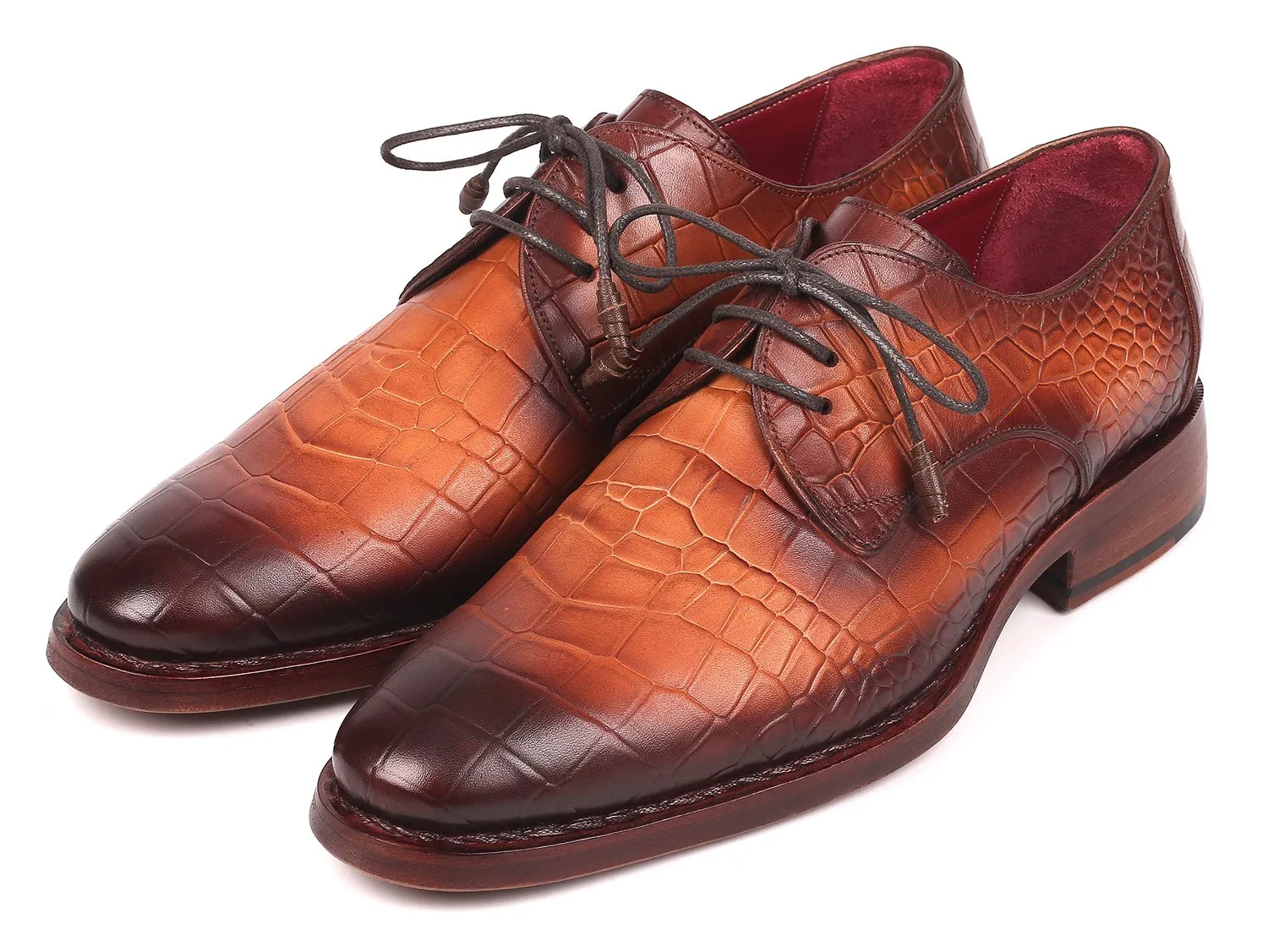 Paul Parkman Croco-Embossed Calfskin Goodyear Welted Derby Shoes in Brown