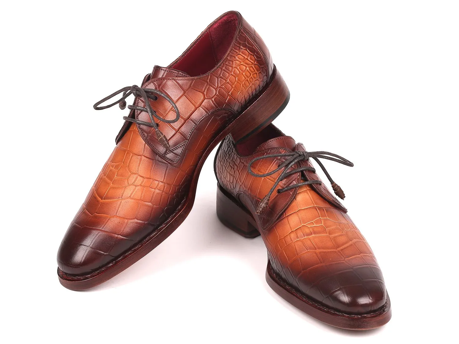 Paul Parkman Croco-Embossed Calfskin Goodyear Welted Derby Shoes in Brown