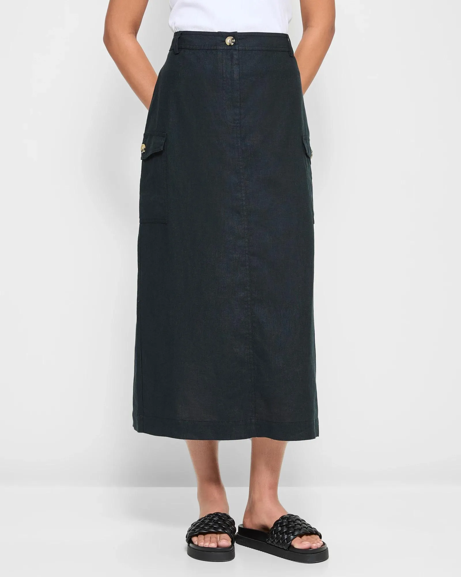 popular  European Linen Cargo Maxi Skirt - Black