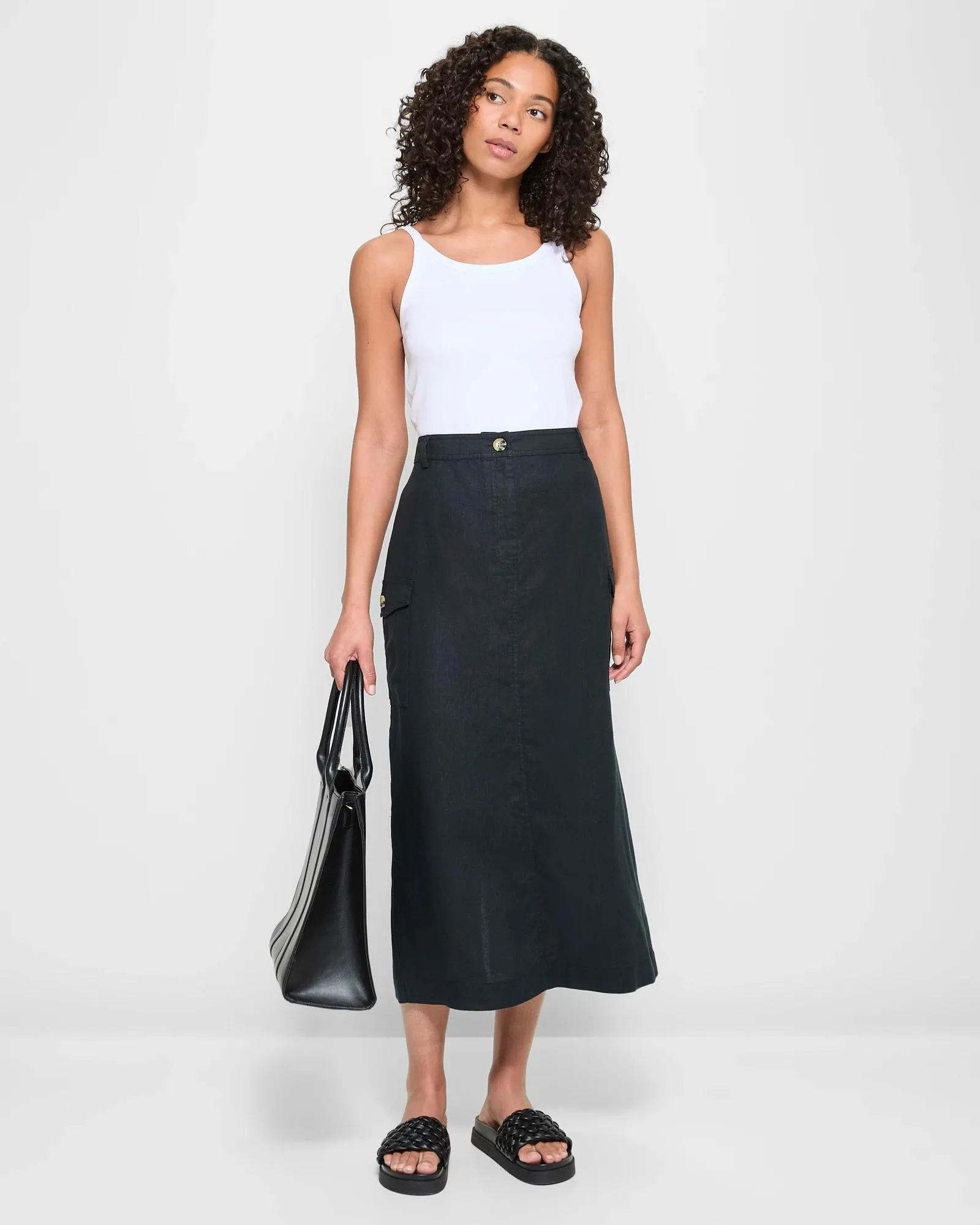 popular  European Linen Cargo Maxi Skirt - Black