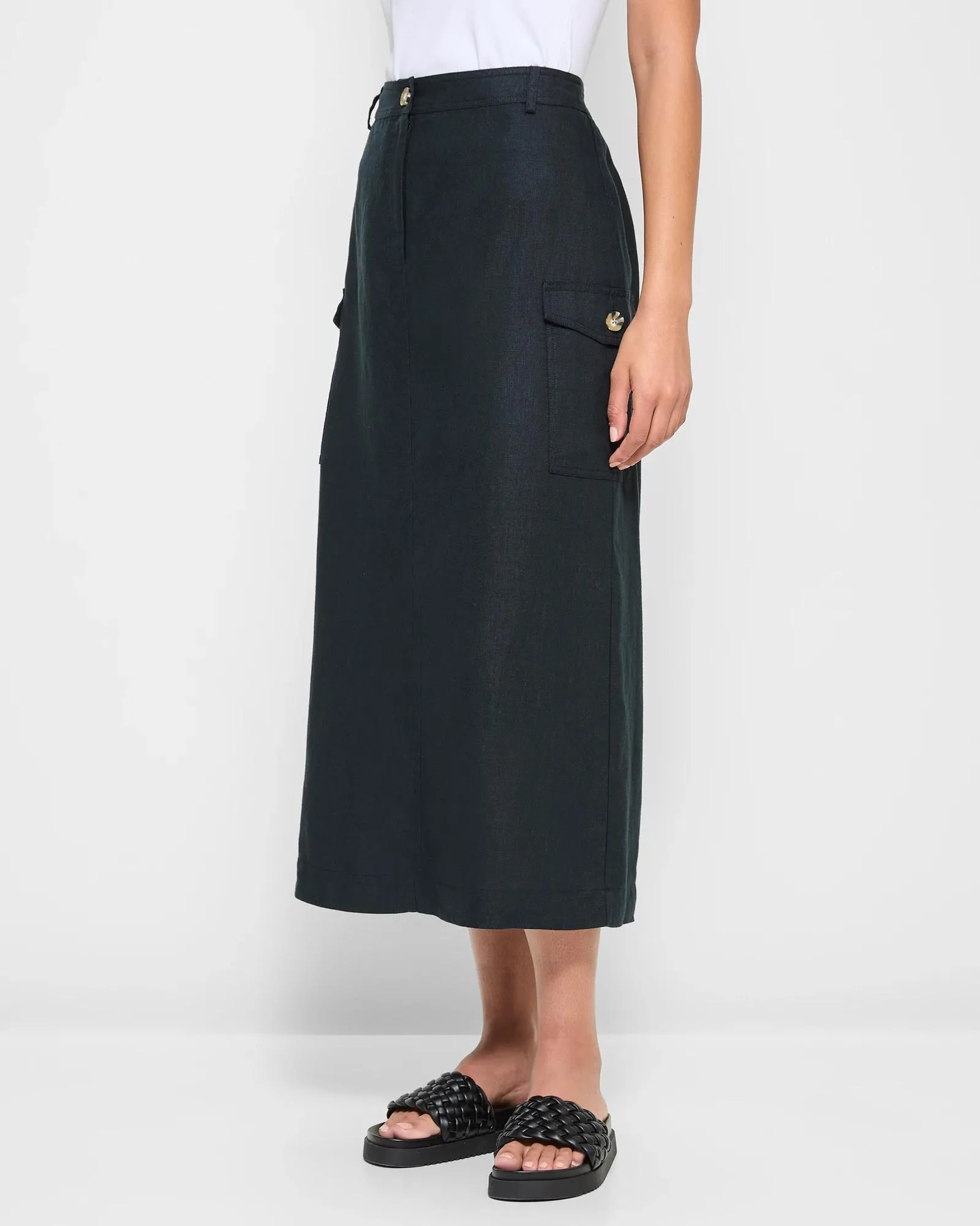 popular  European Linen Cargo Maxi Skirt - Black