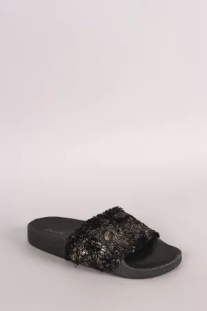 Qupid Metallic Faux Fur Slide Sandal