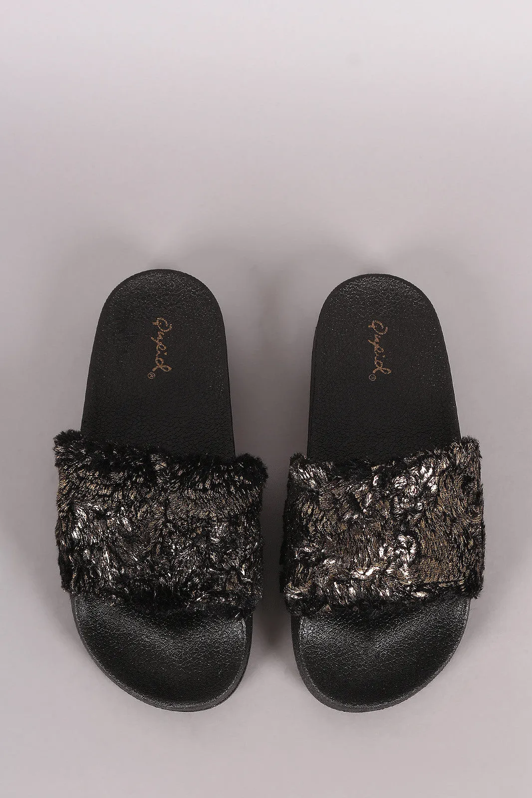 Qupid Metallic Faux Fur Slide Sandal