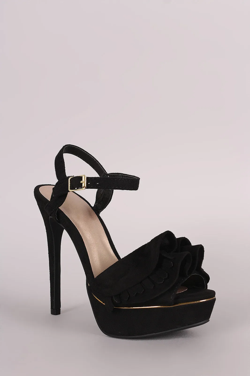 Qupid Suede Tiered Ruffle Platform Dress Heel