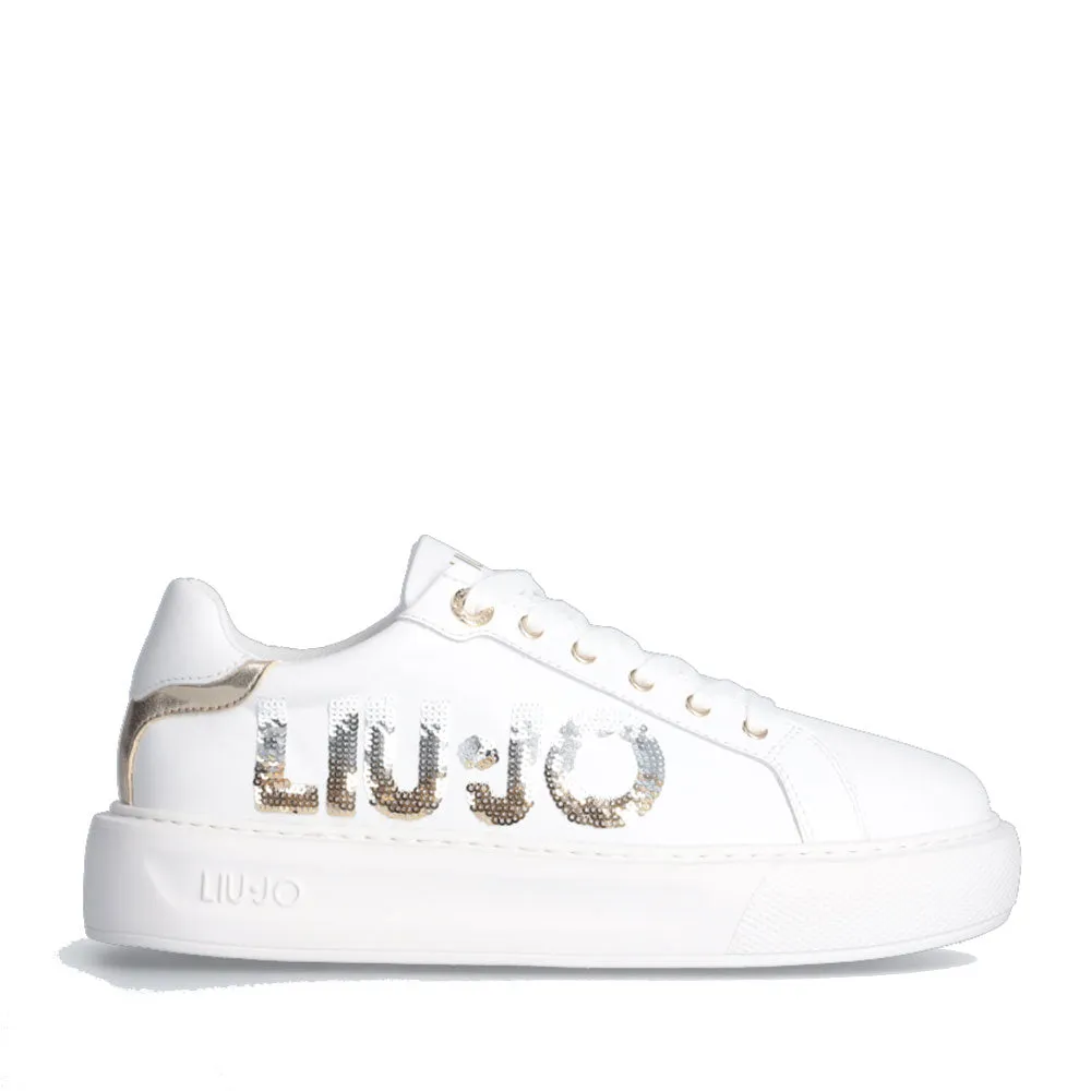 Scarpe Donna LIU JO Kylie 22 Sneakers Platform in Pelle Bianca con Maxi Logo di Paillettes