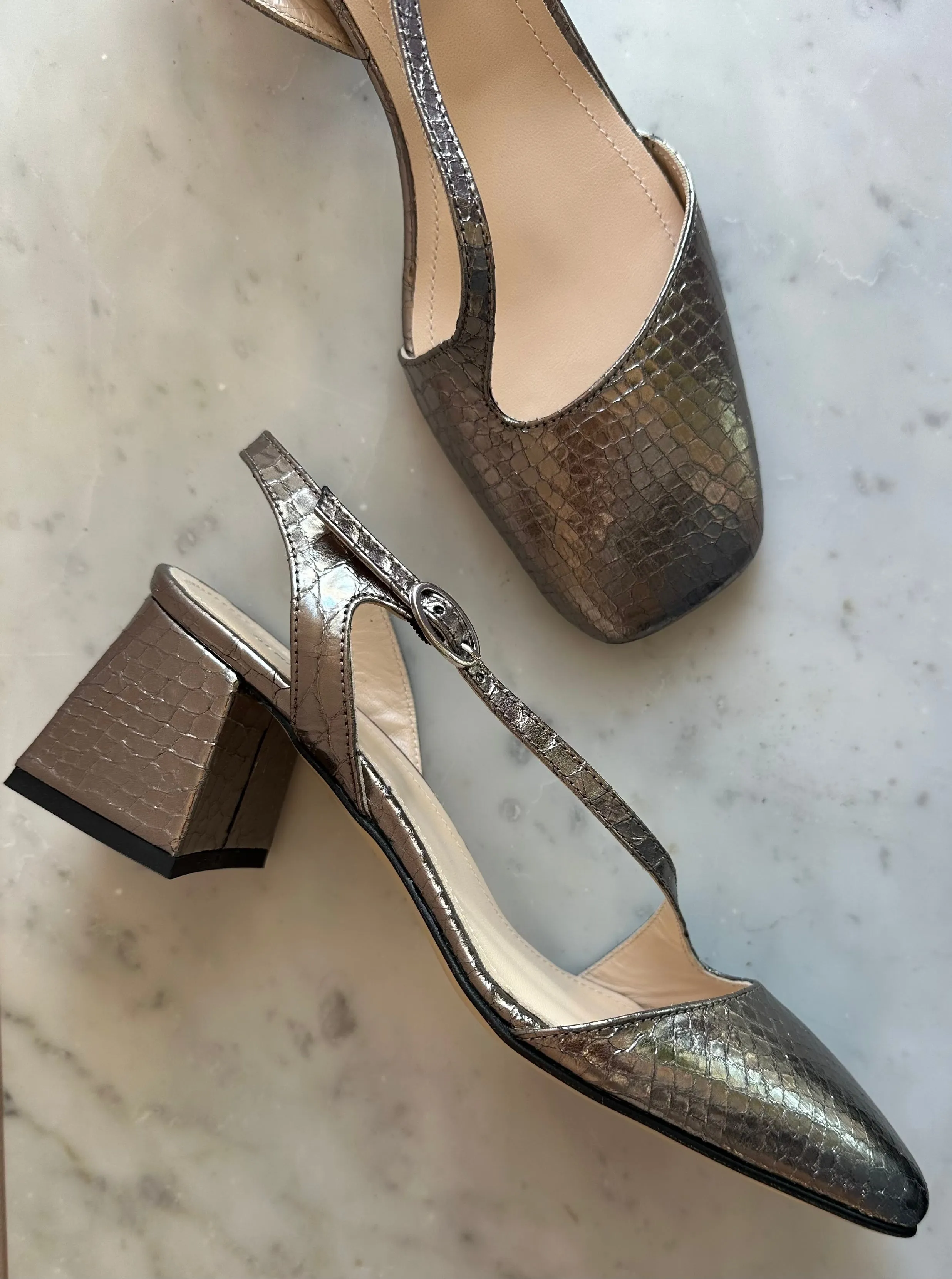 Sempre Di - Block Heel Mary Jane Silver Viper