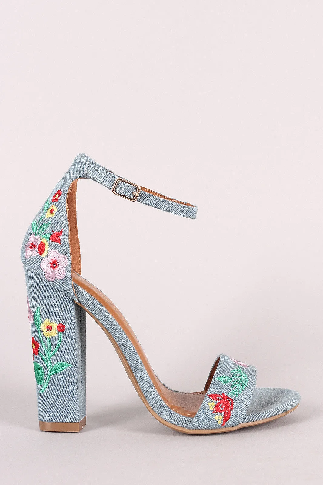 Shoe Republic LA Embroidered Floral Denim Chunky Heel