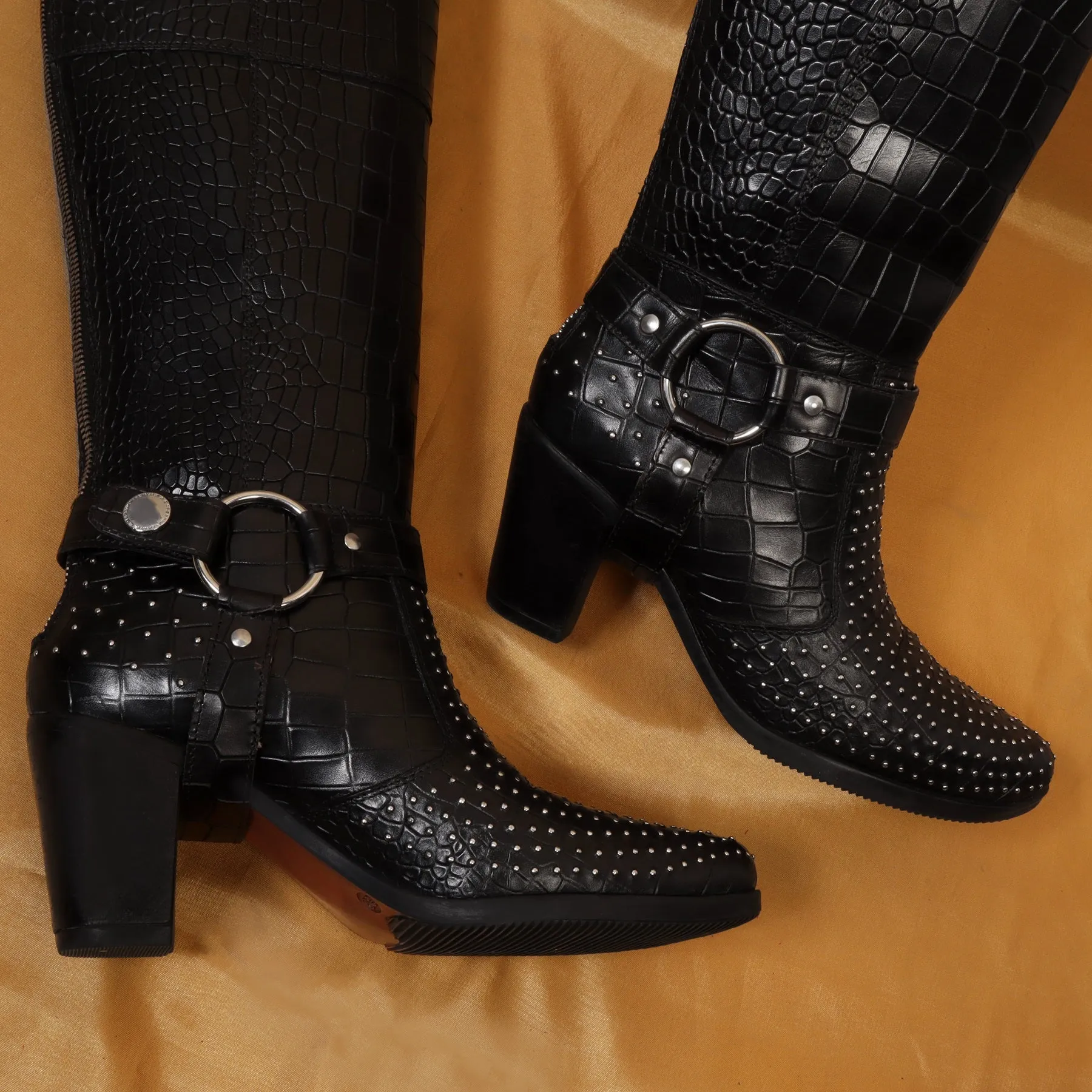 Silver Studded Black Boot with Metal Fleck & Removable Buckle Strap