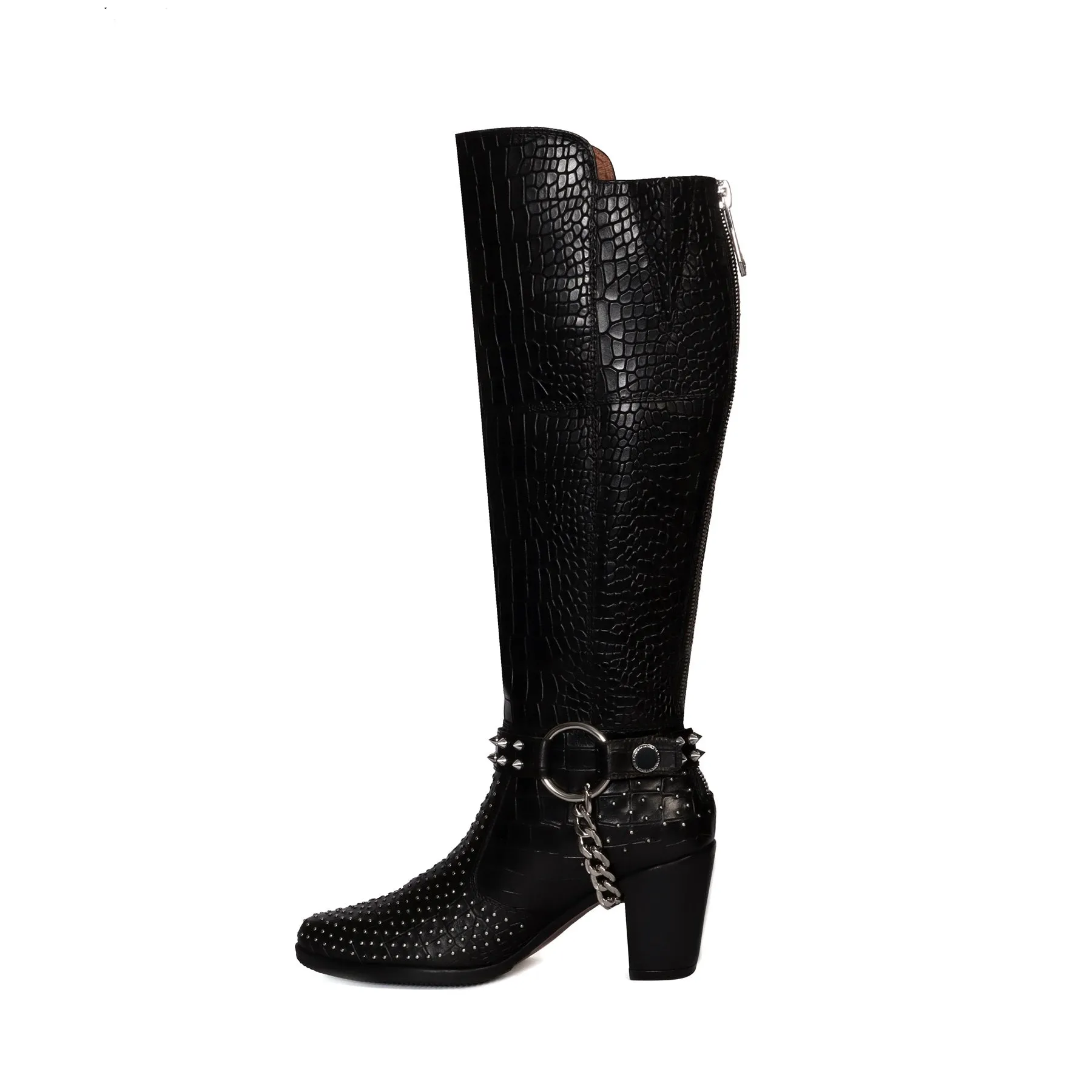 Silver Studded Black Boot with Metal Fleck & Removable Buckle Strap