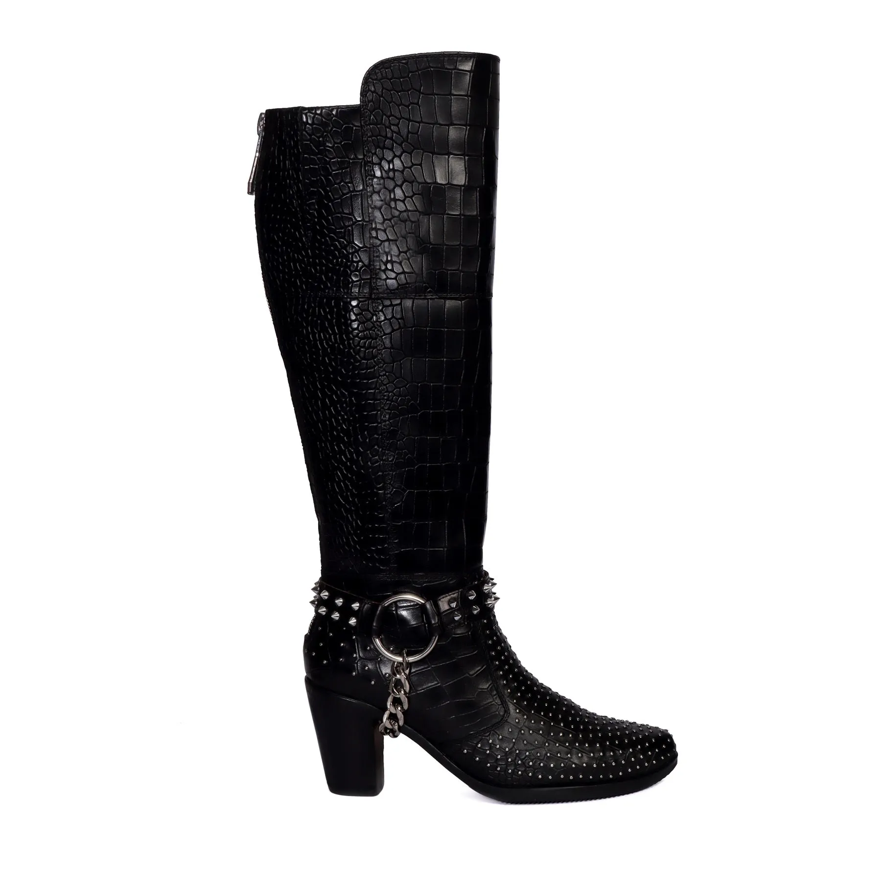 Silver Studded Black Boot with Metal Fleck & Removable Buckle Strap