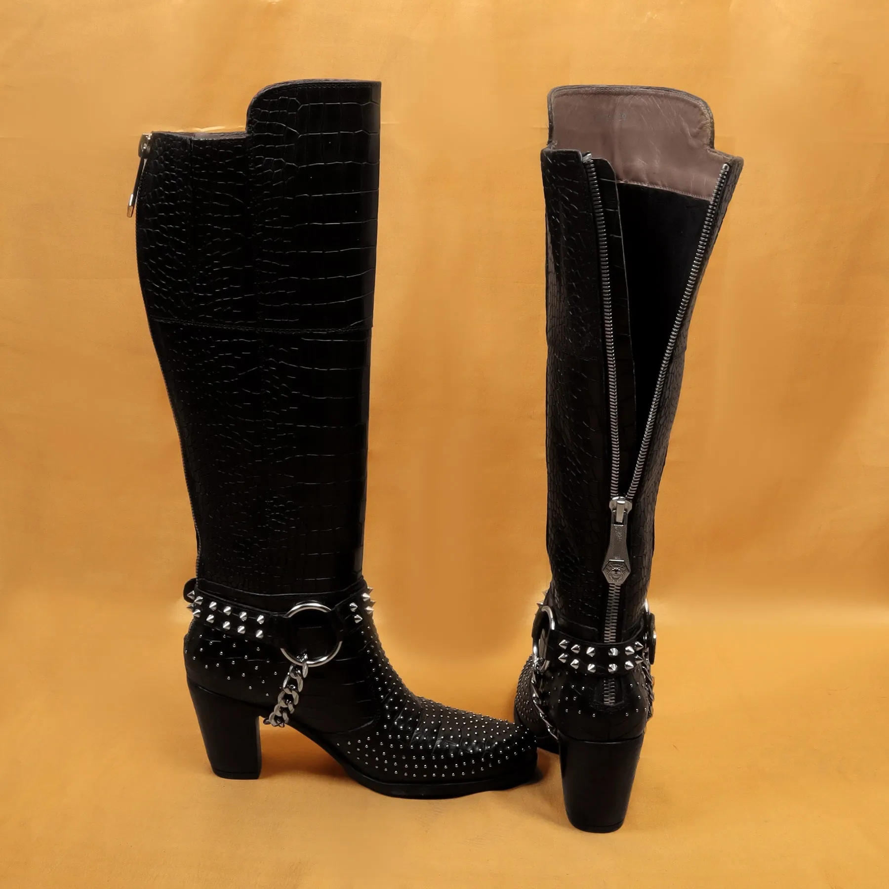 Silver Studded Black Boot with Metal Fleck & Removable Buckle Strap