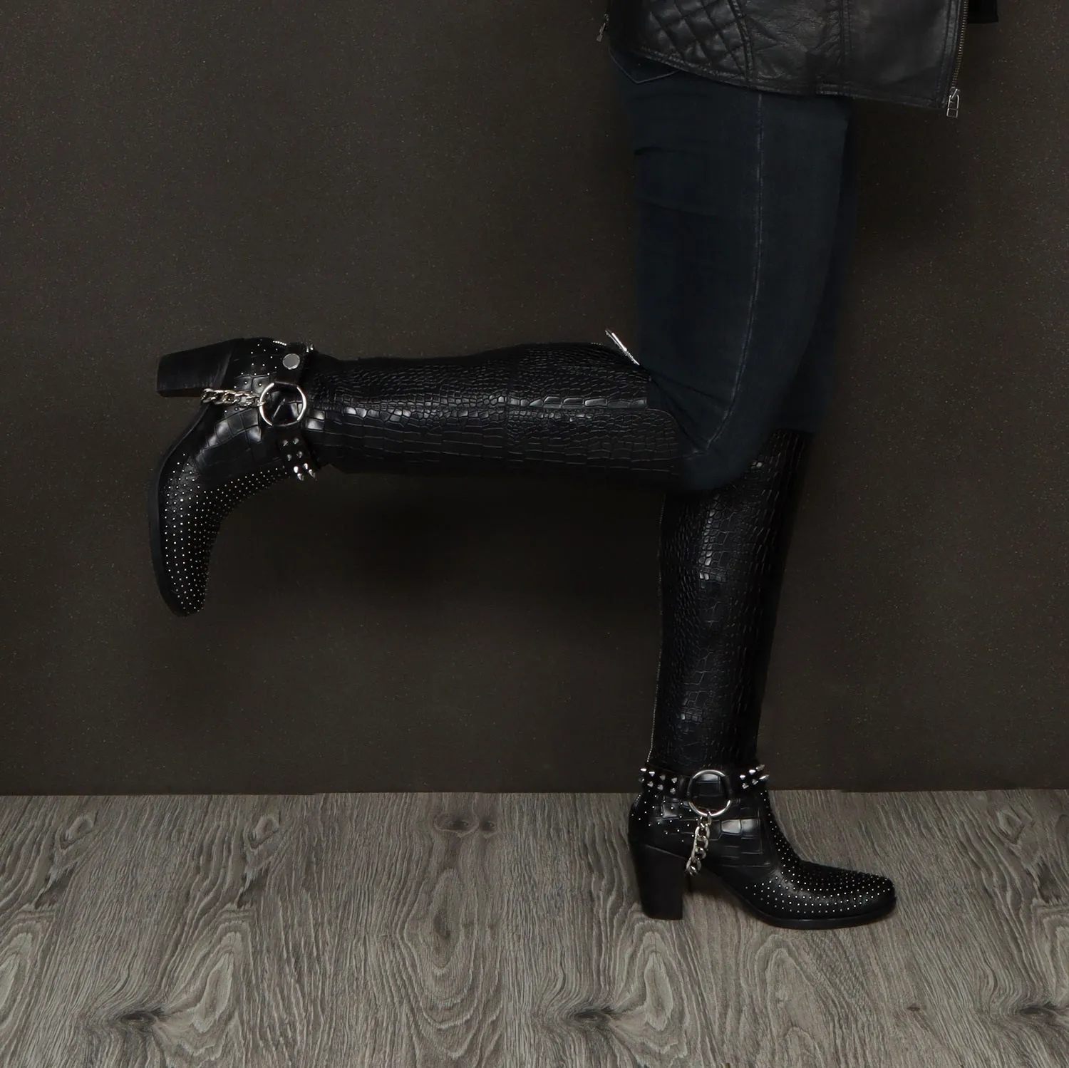 Silver Studded Black Boot with Metal Fleck & Removable Buckle Strap