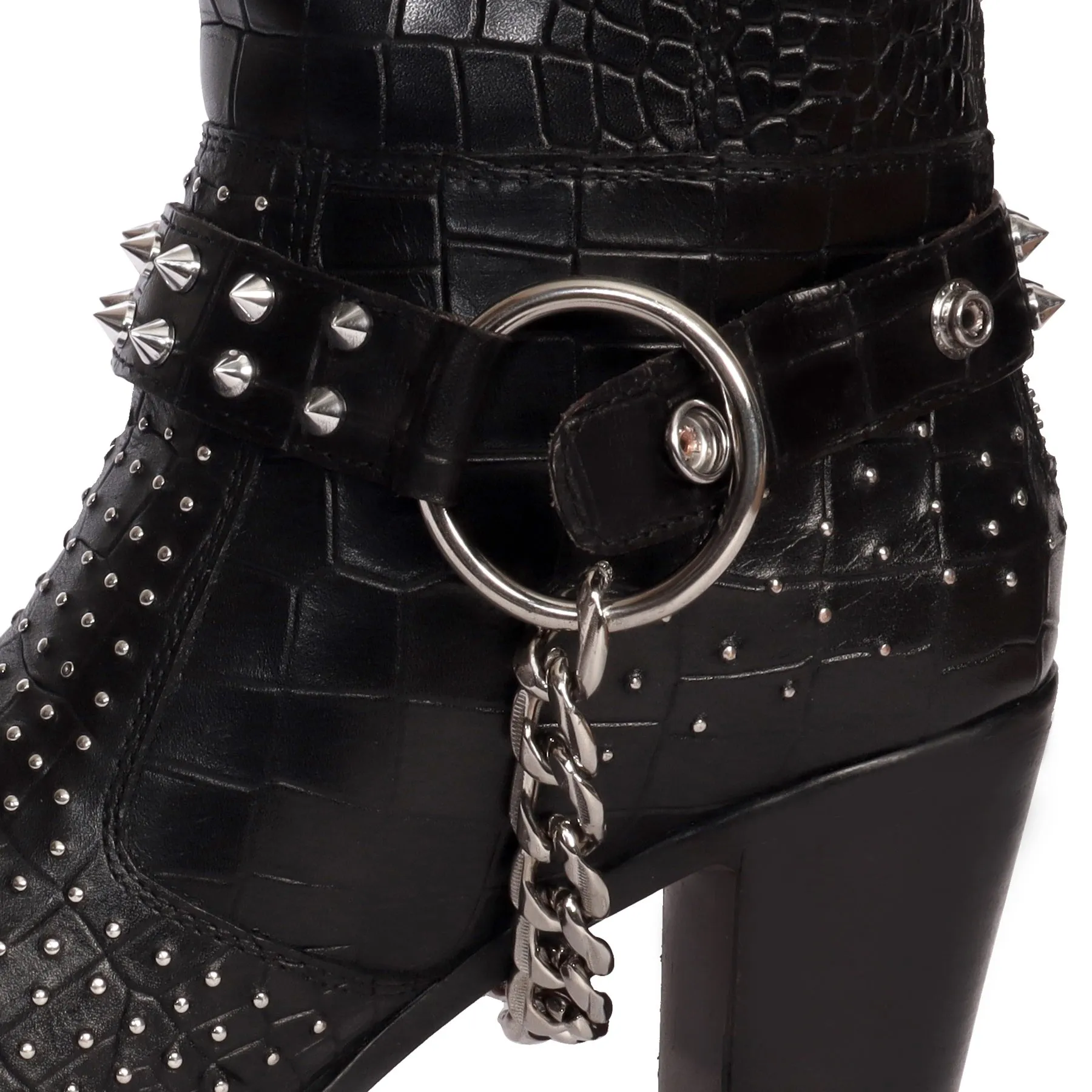 Silver Studded Black Boot with Metal Fleck & Removable Buckle Strap