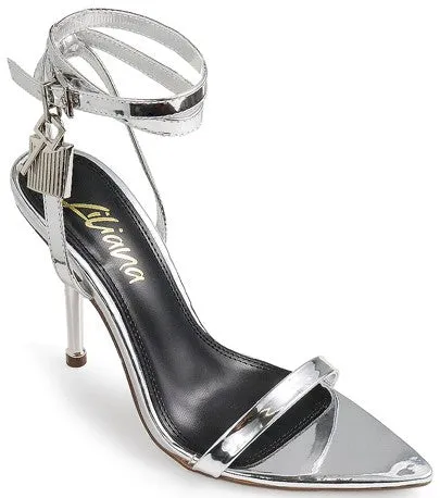 Silver Womens Lock Metallic Stiletto Dress Shoes