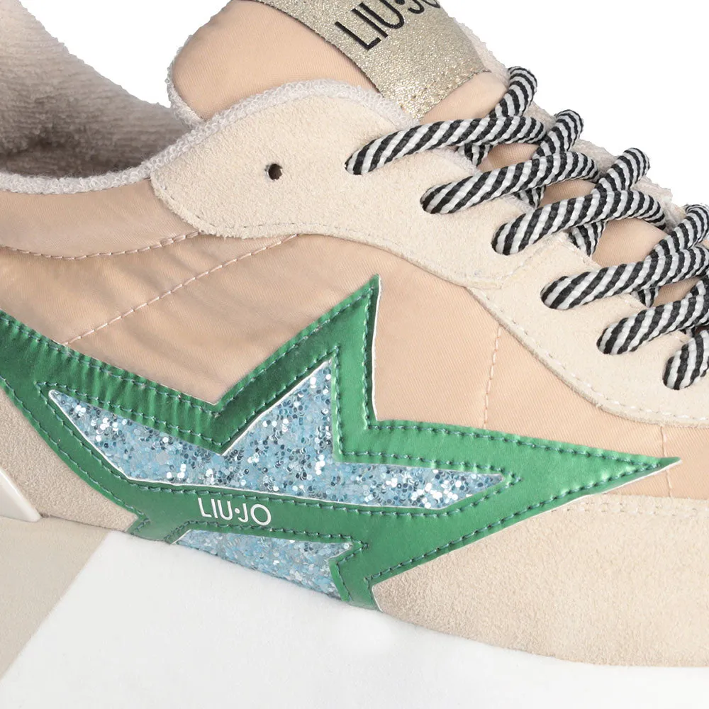 Sneakers Platform Donna LIU JO Dreamy 03 in Suede Nylon e Glitter colore Ecru Green Turquoise