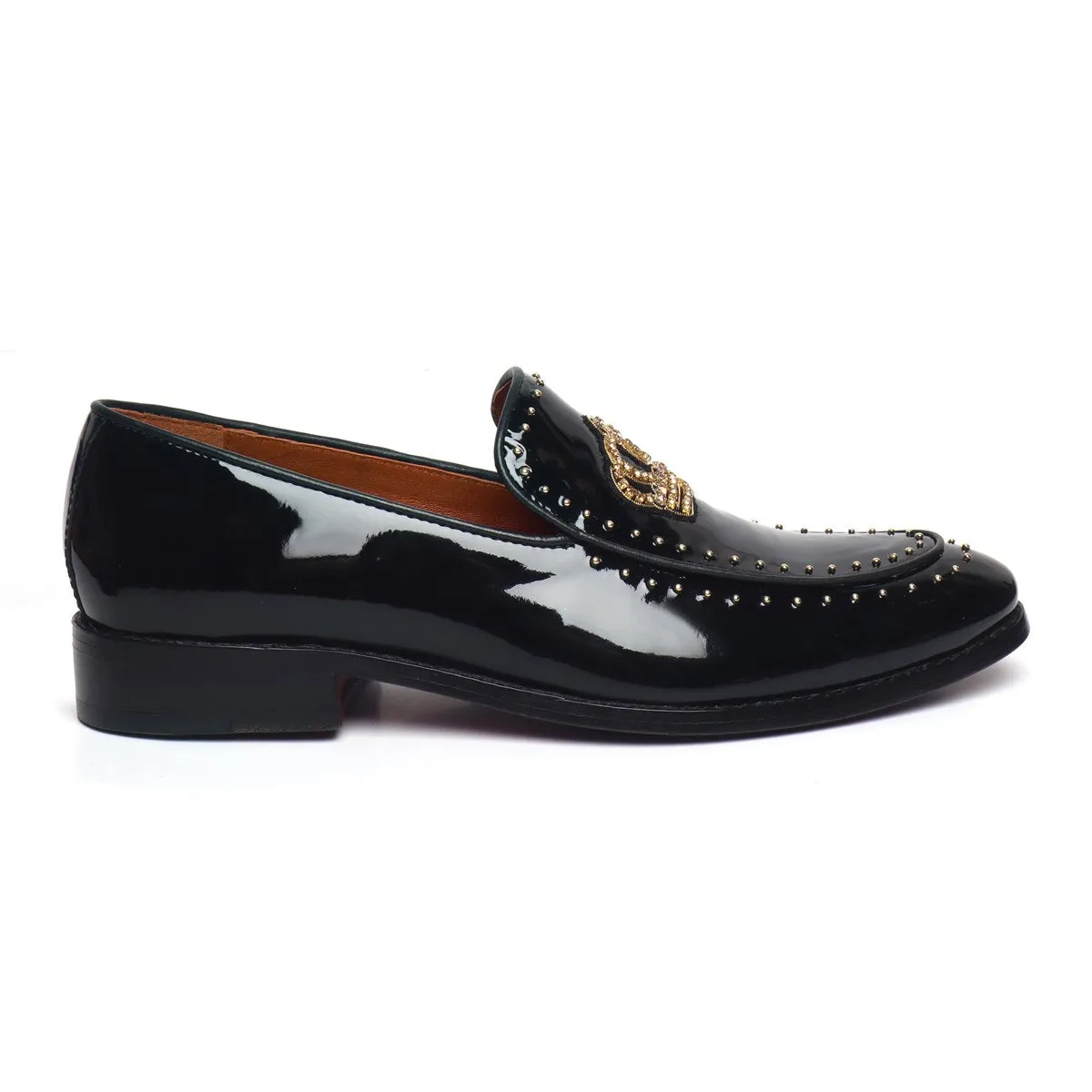 Studded Apron Leather Loafers in Black Patent Crown Zardosi