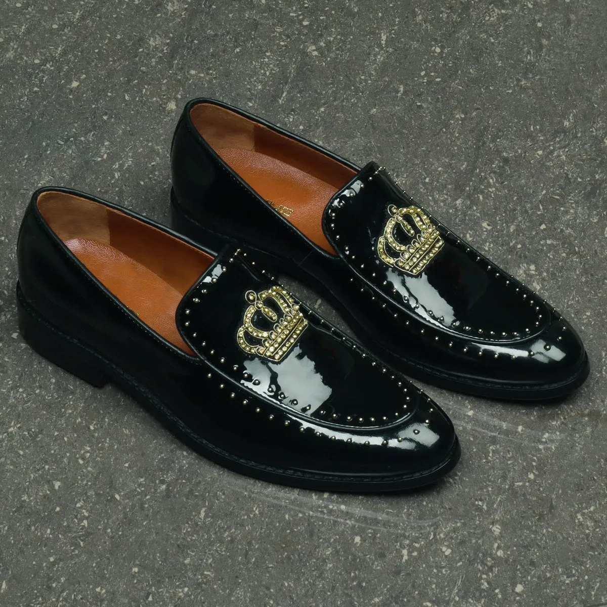 Studded Apron Leather Loafers in Black Patent Crown Zardosi