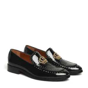 Studded Apron Leather Loafers in Black Patent Crown Zardosi