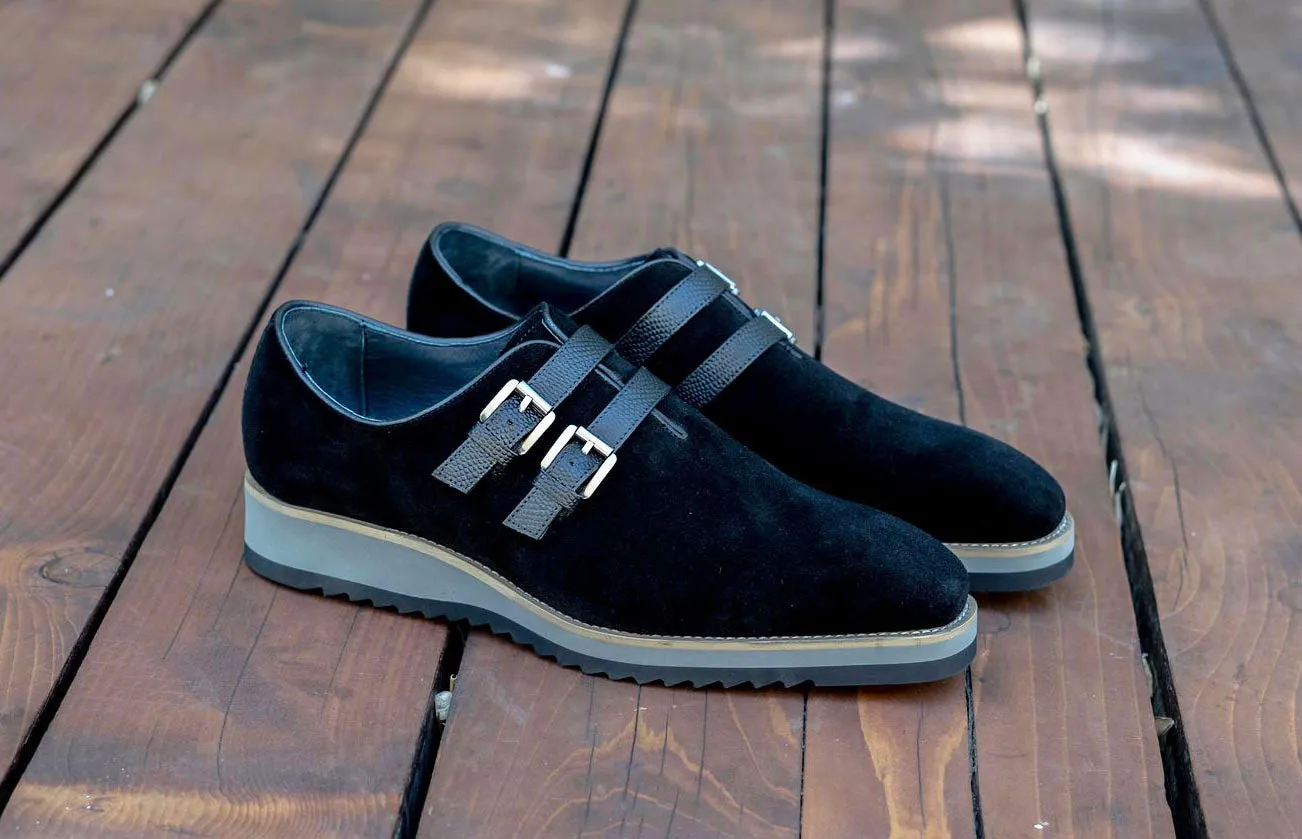 Suede Slip-On Double Buckle Shoe Black