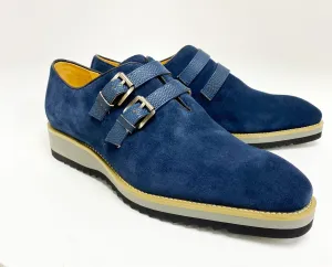 Suede Slip-On Double Buckle Shoe Navy