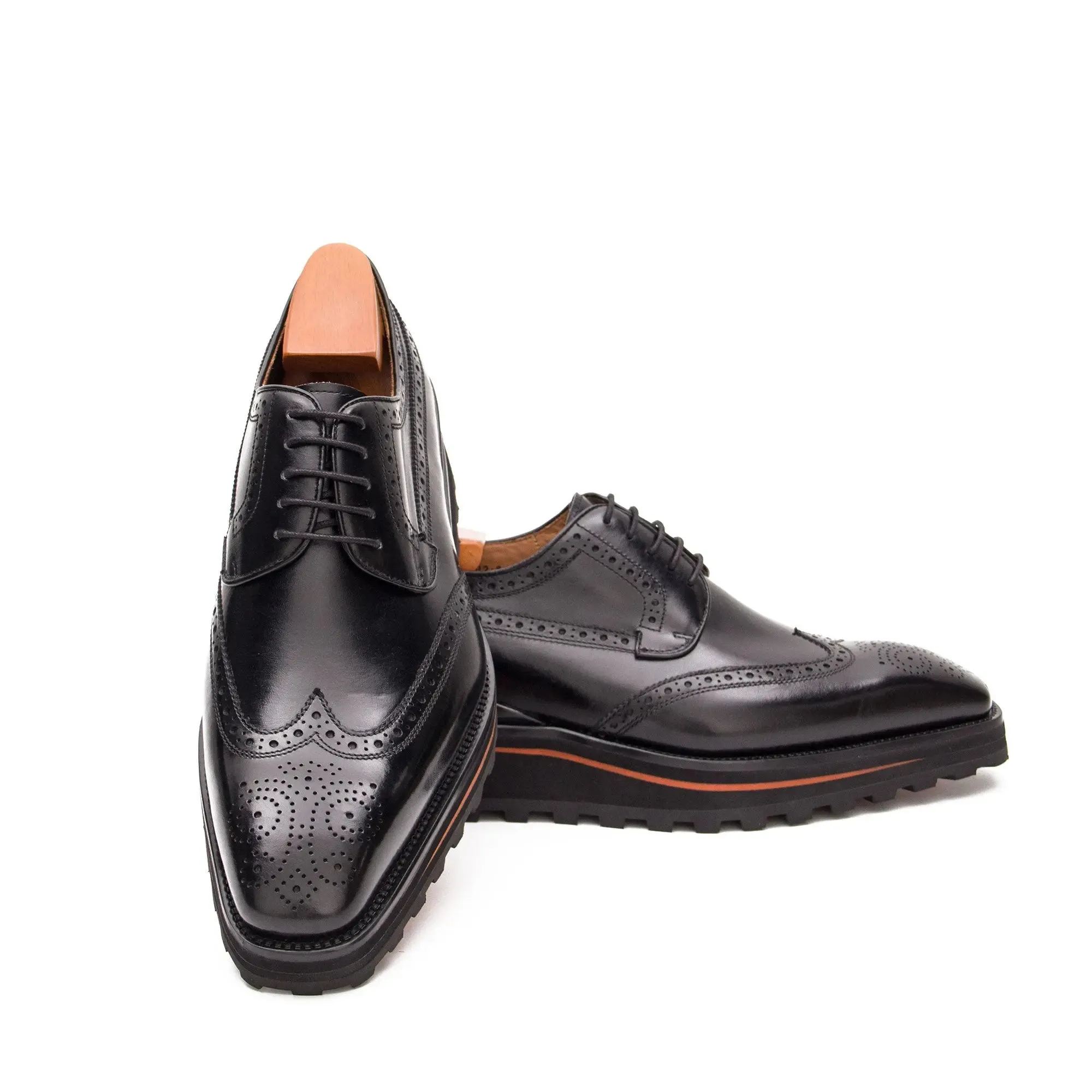 Thick-soled calfskin formal brogue derby shoes Black