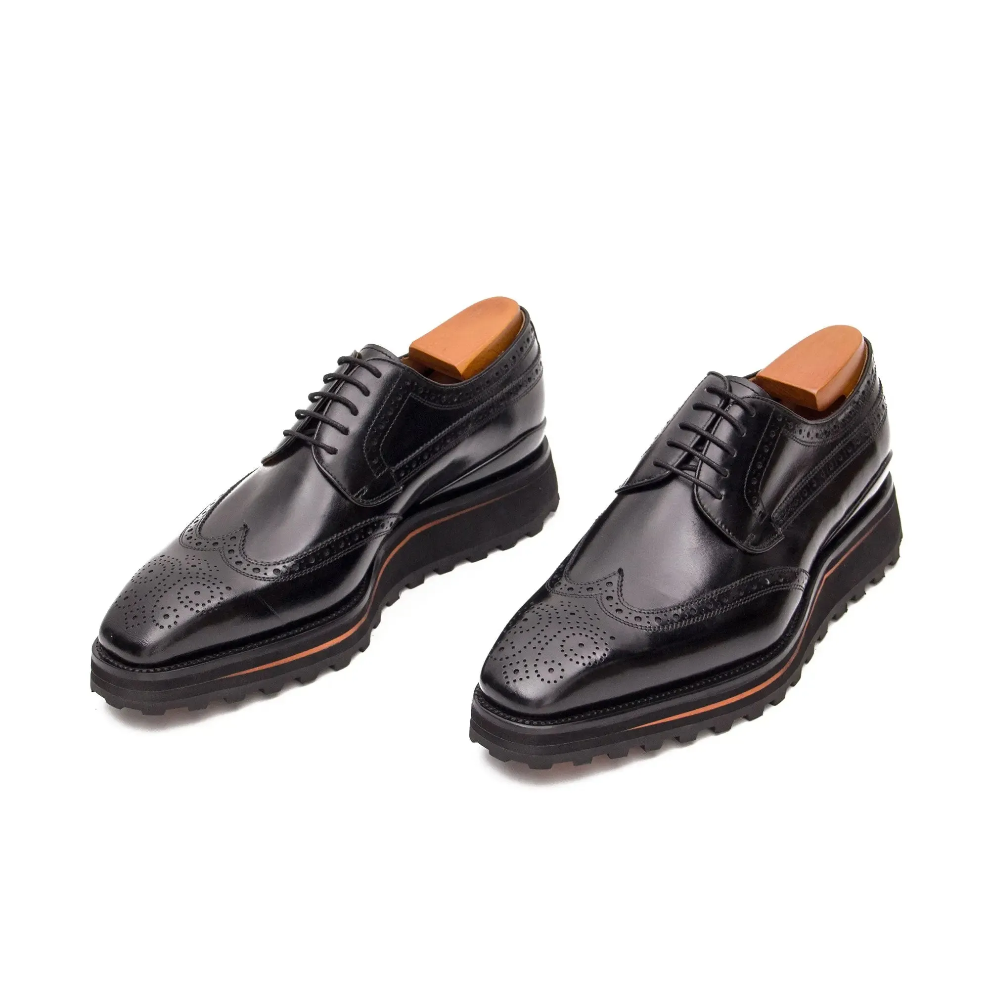 Thick-soled calfskin formal brogue derby shoes Black